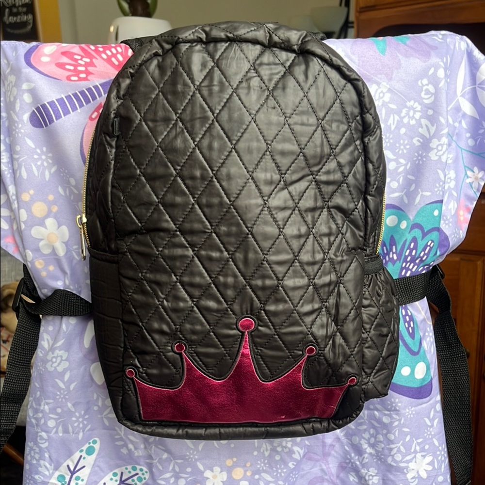 Black and Pink Quilted Backpack with Crown Design
